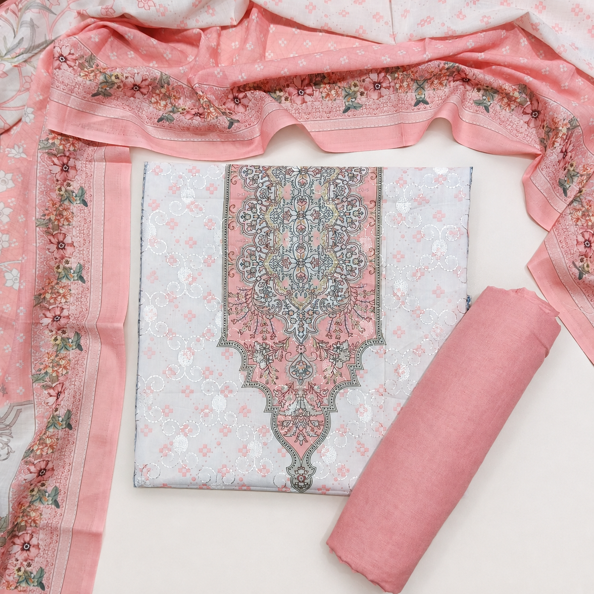 Designer Printed Cotton Unstitched Summer Suit - Pink