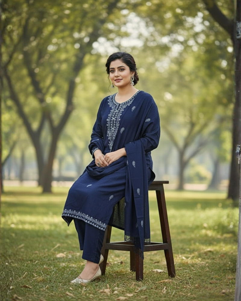 कृति ऊनी कढ़ाईदार सिले सूट नीले रंग में महिलाओं के लिए सर्दियों के लिए