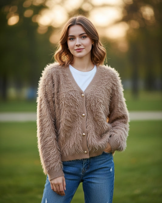 Women's Open Front Woolen Fluffy Top | Camel Oversized Fuzzy Shaggy Top | Long Sleeve & Loose Fit