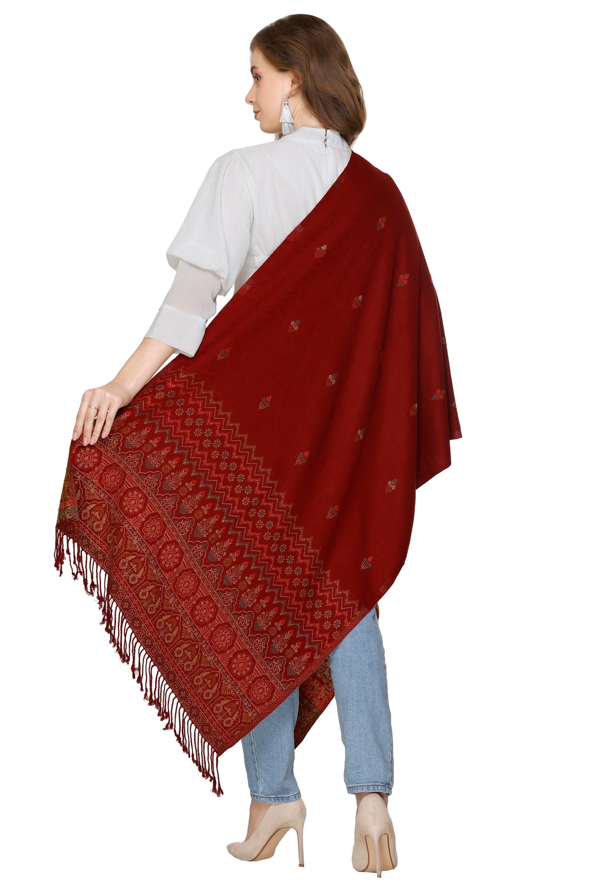 Jacquard Design Woollen Stole - Maroon