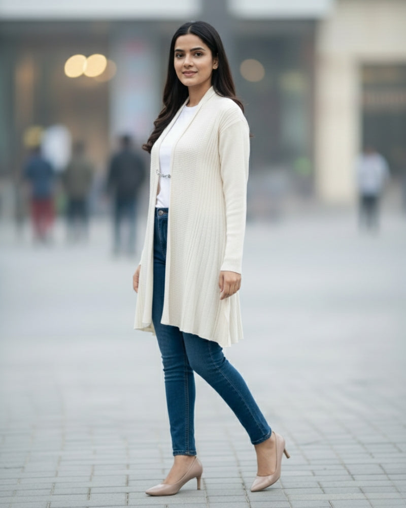 KRITI Women’s Long Knit Shrug – Premium Wool Blend | Lightweight Winter Layer | Stylish Cream Color Open-Front Shrug for Everyday Wear