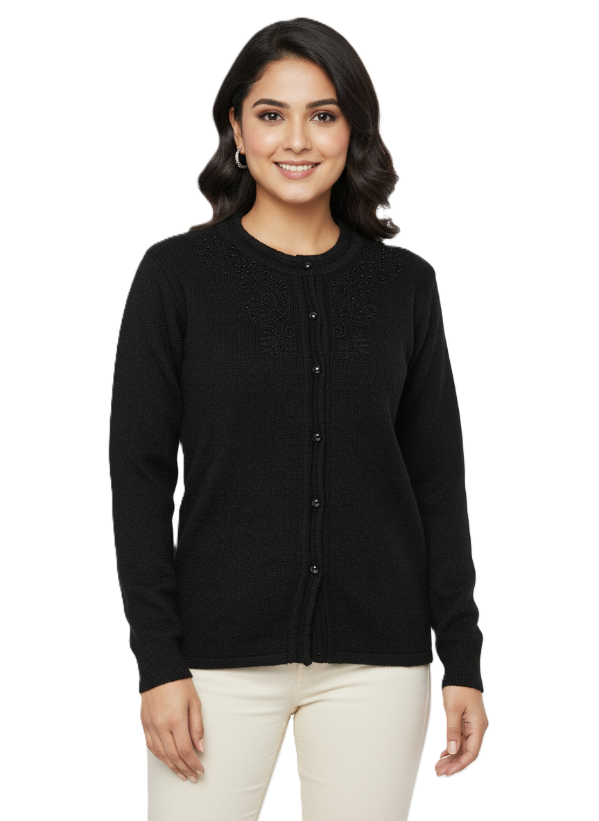 KRITI Winter Rainbow Embroidery Cardigan Black Color For Women