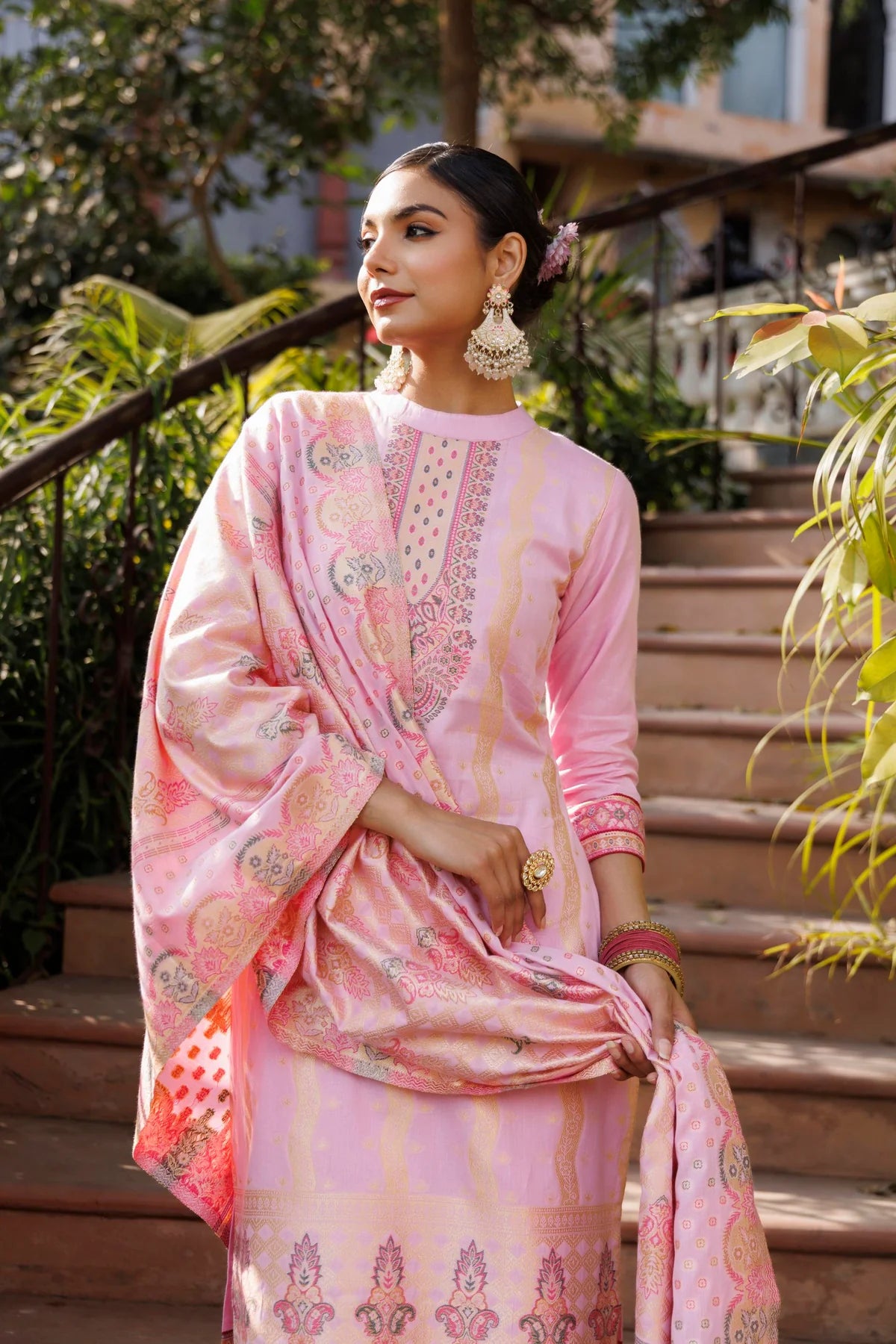 Cotton Silk Collar Pant Suit 3 Pcs- Pink