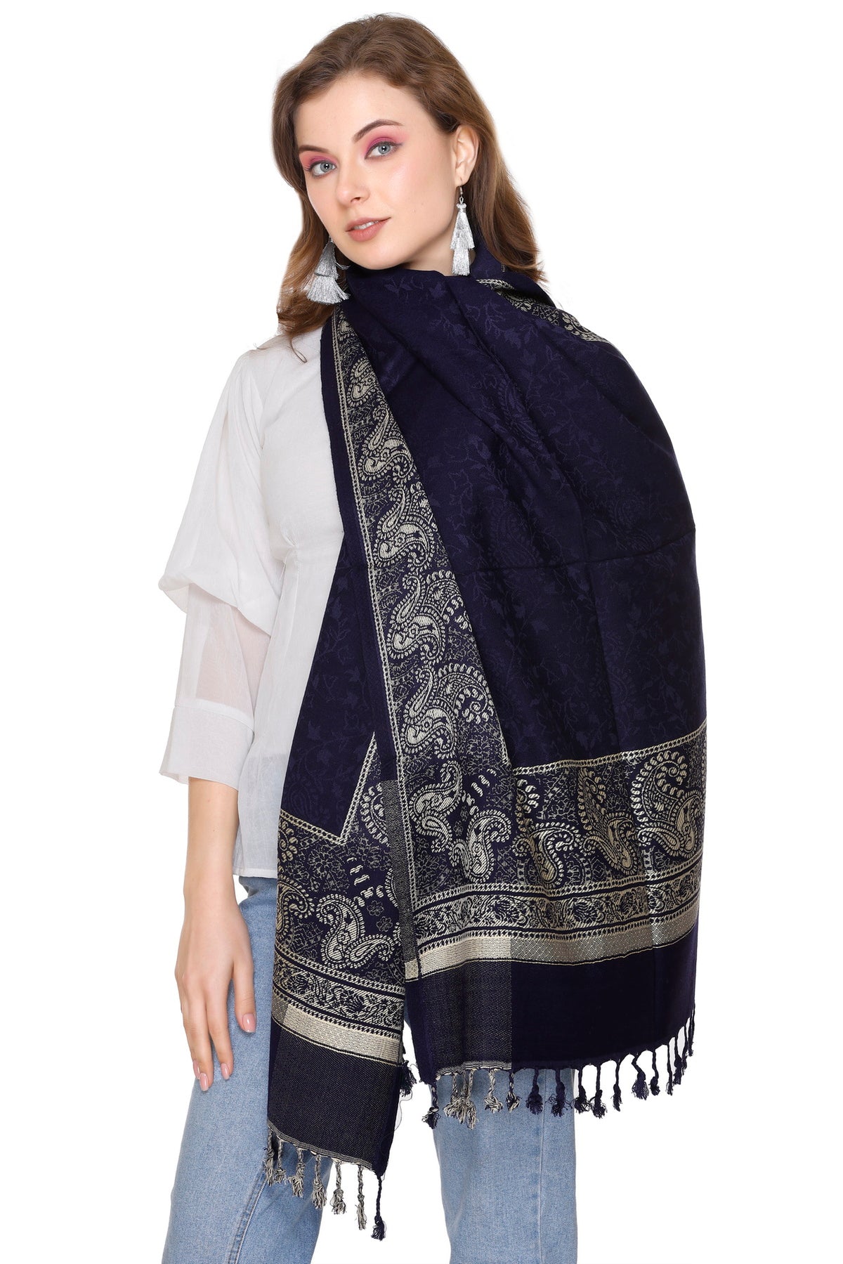 Navy Blue Designer Jacquard Border Stole