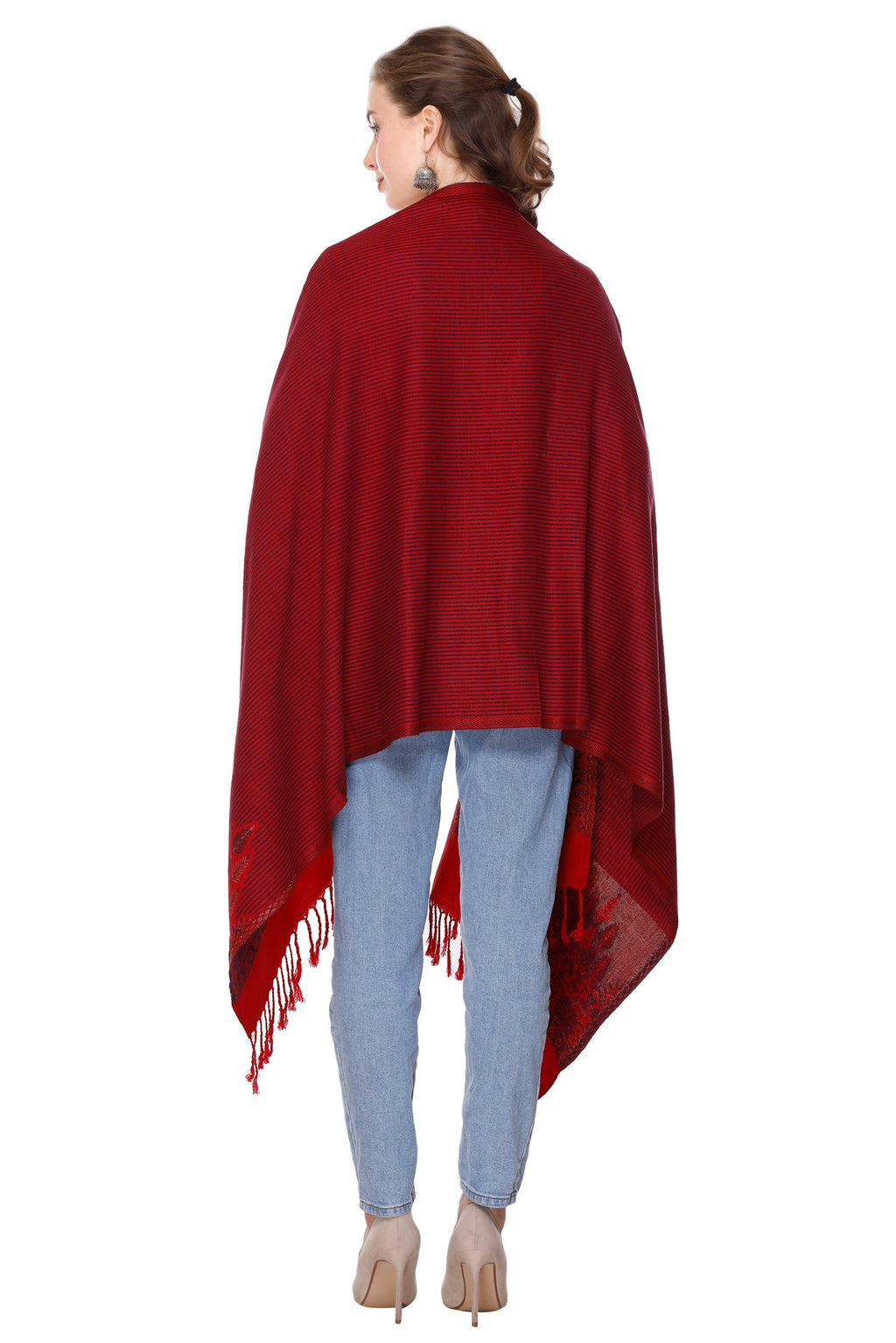 Woven Border Woollen Stole - Maroon