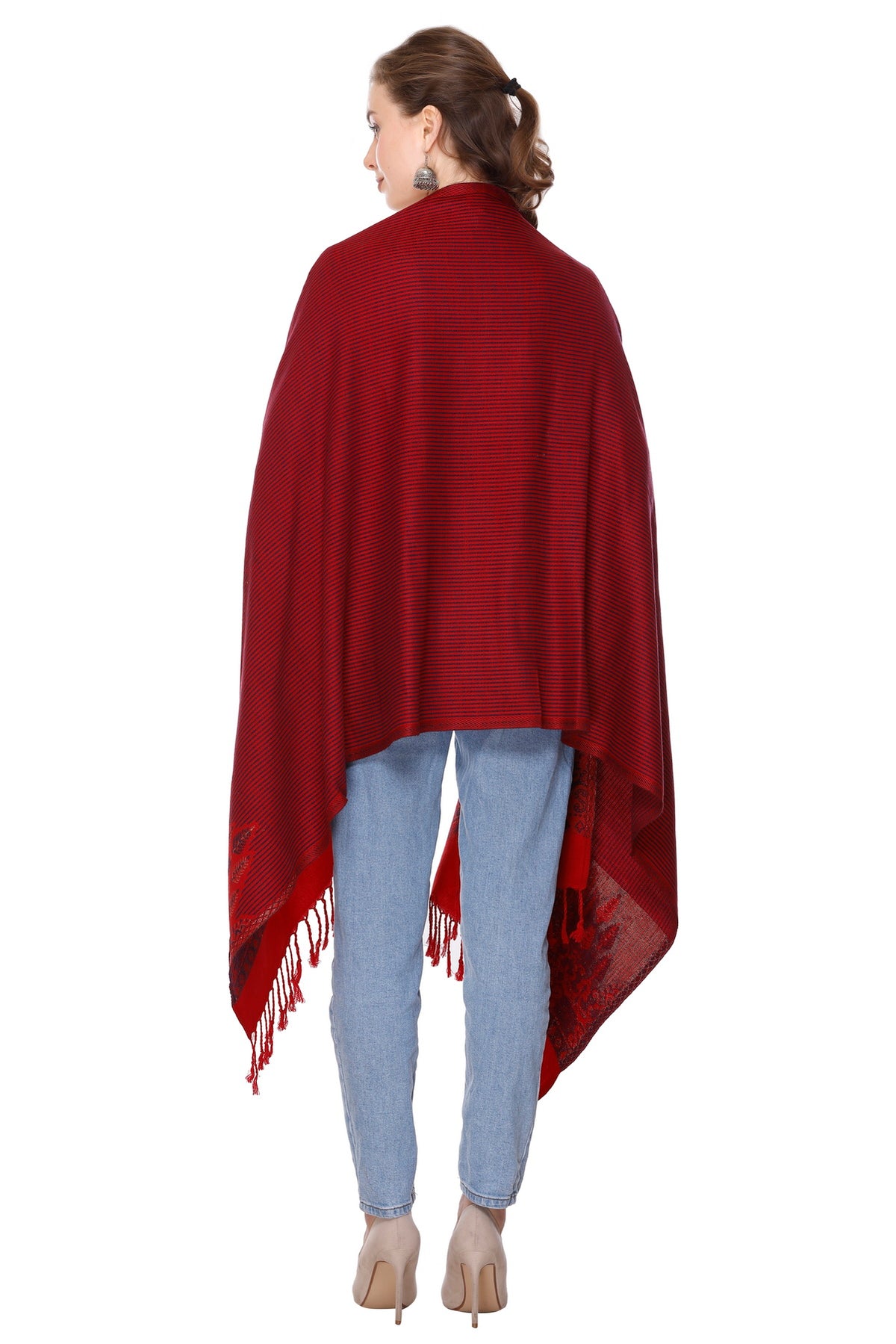 Woven Border Woollen Stole - Maroon