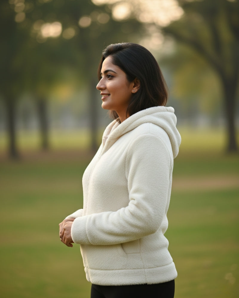 Woolen Blend Warm Hooded Sweatshirt - White