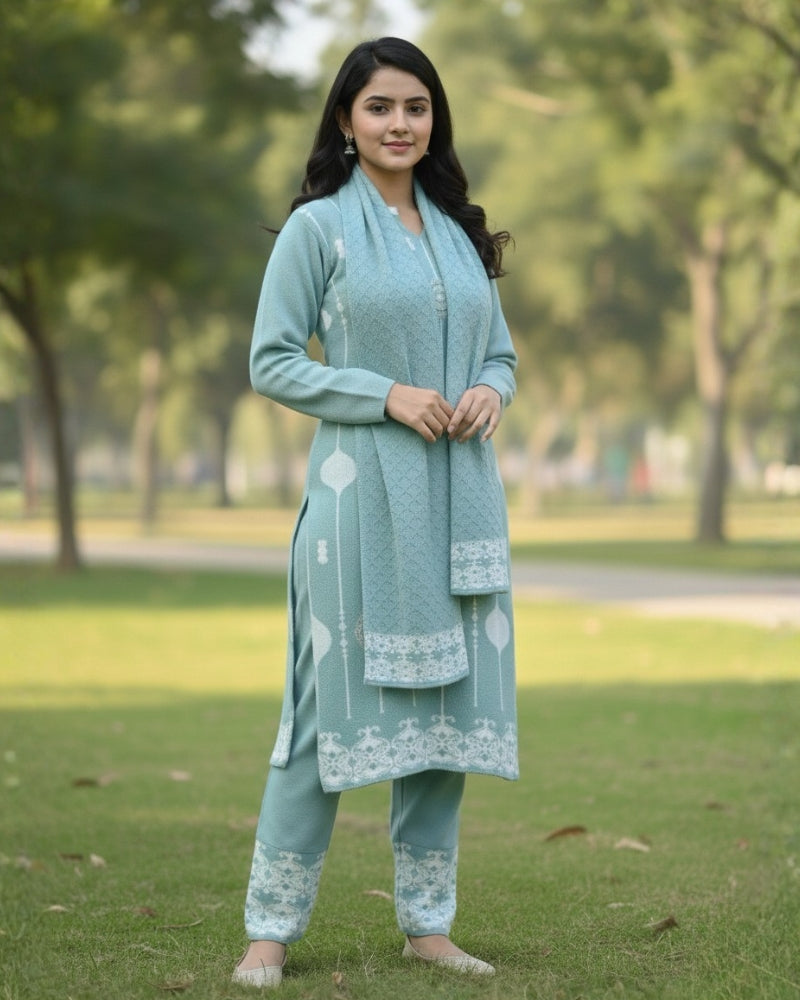 KRITI Wool Blend 3-Piece Embroidered  Kurti Set for Women | Warm Knitted Kurti Lower & Stole Dupatta | Winter Indian Ethnic Wear Suit | M to XXL |