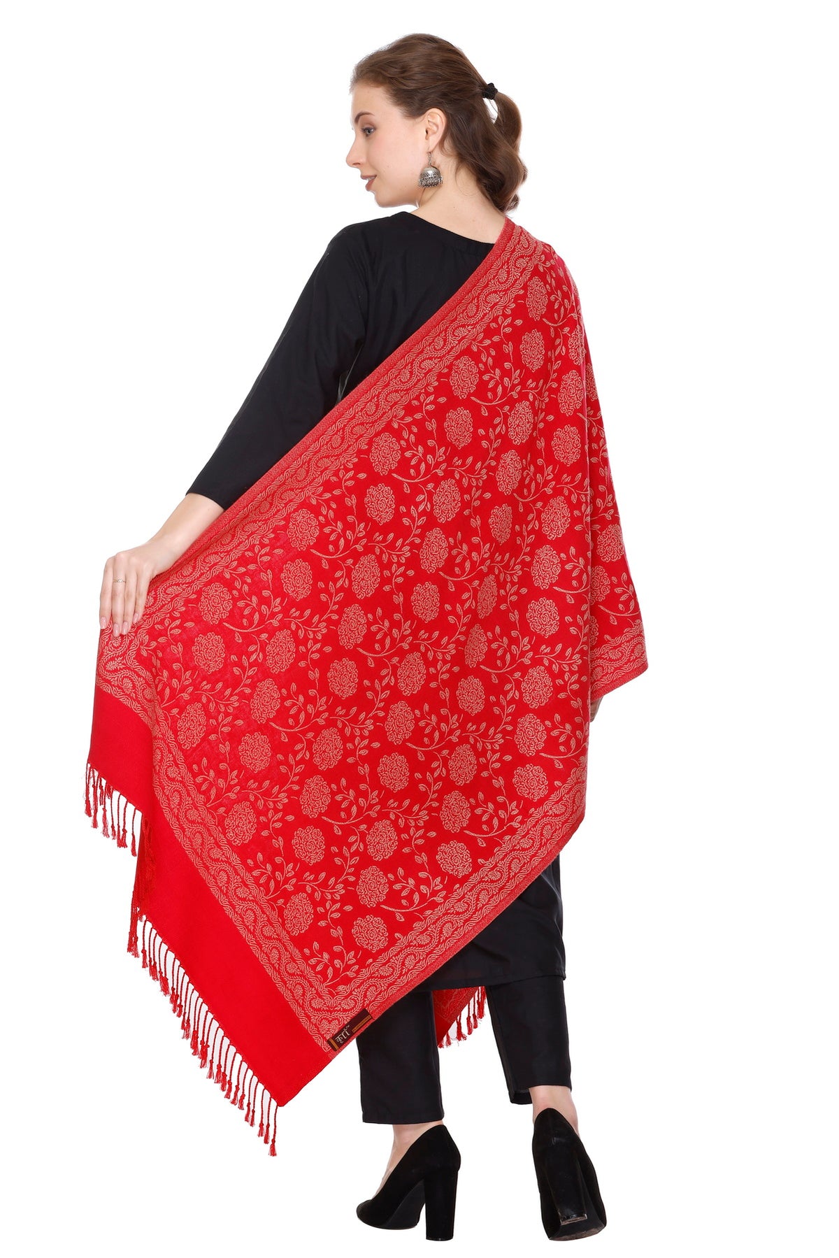 Floral Pattern Woollen Winter Stole - Red