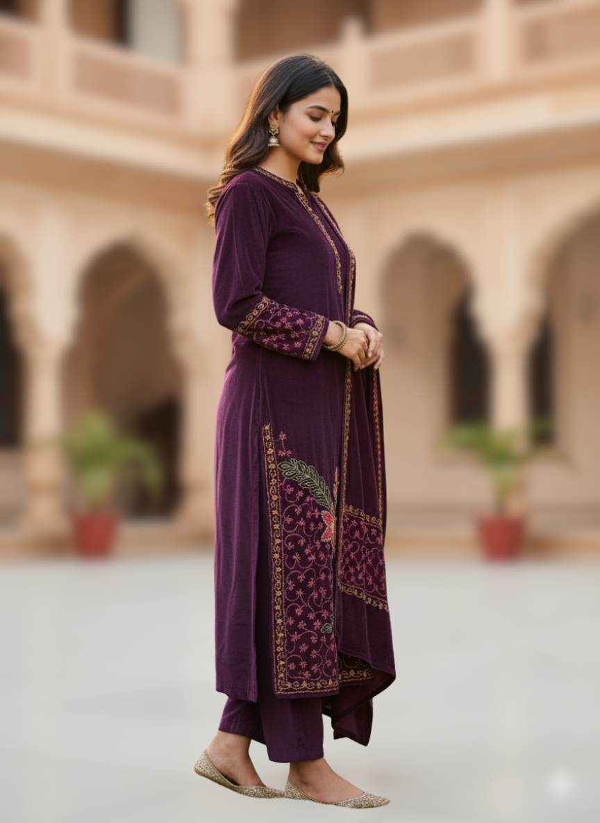 KRITI Winter Velvet 3 Piece Kurti Set Purple Color For Women