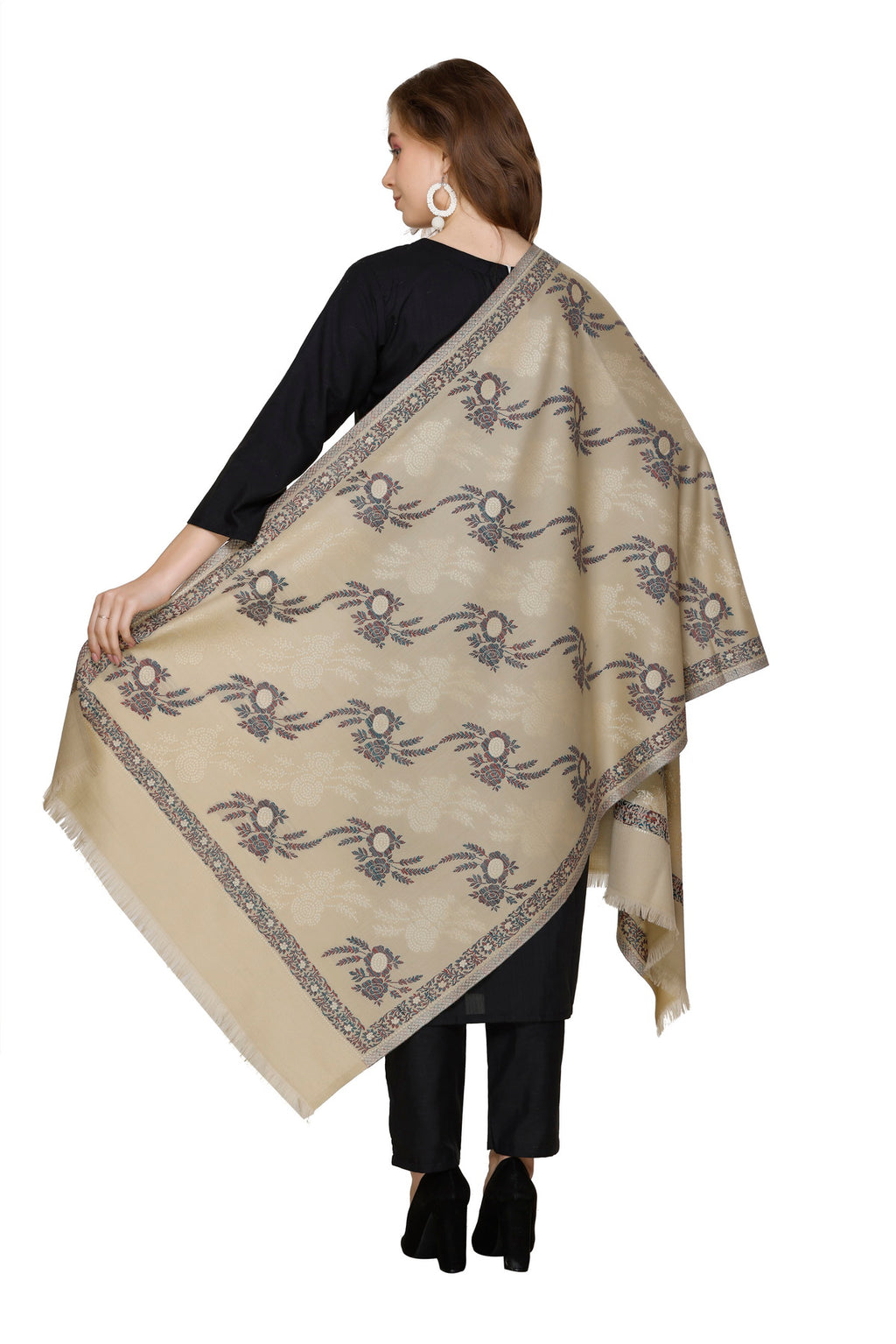 Floral Pattern Woollen Stole - Camel