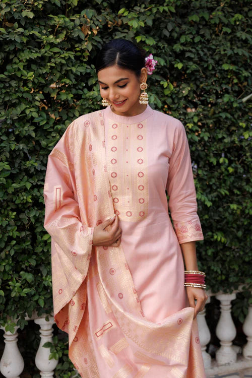 Cotton Silk Collar Pant Unstitched Suit 3 Pcs- Peach