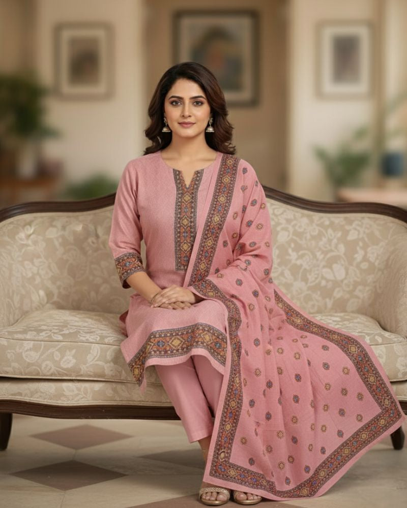 KRITI महिलाओं के लिए डिजिटल प्रिंट ऊनी गुलाबी रंग का अनस्टिच्ड फ़ैब्रिक सूट सेट विंटरवियर 