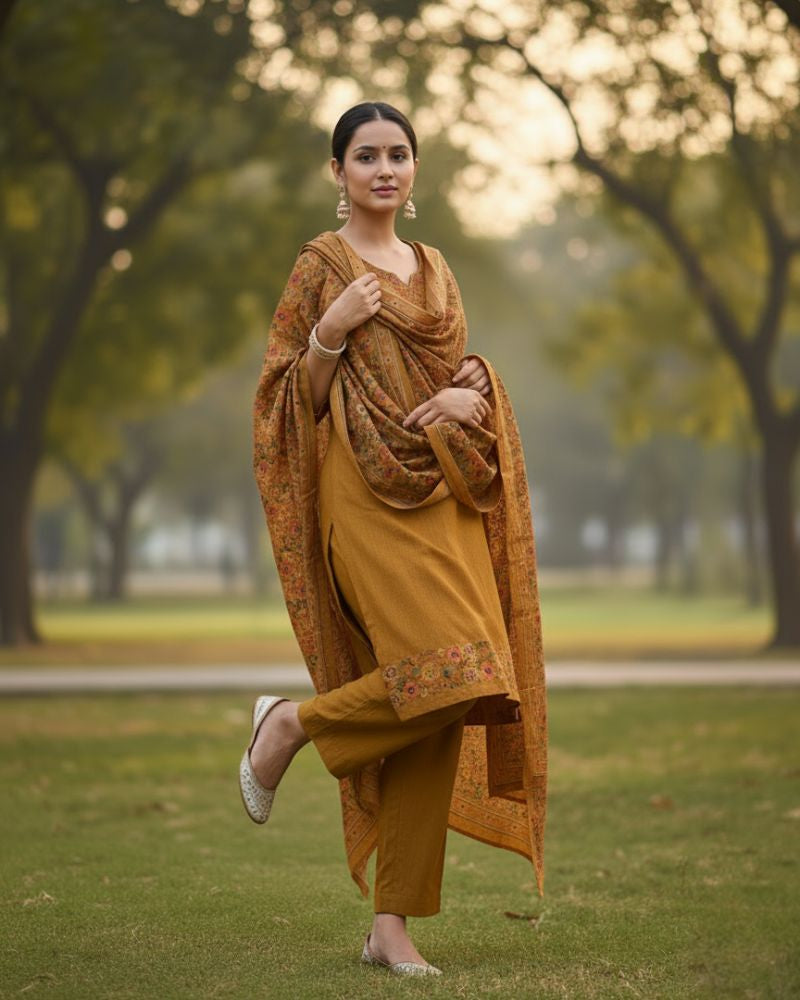 KRITI महिलाओं के लिए डिजिटल प्रिंट ऊनी सरसों रंग का अनस्टिच्ड फ़ैब्रिक सूट सेट विंटरवियर 