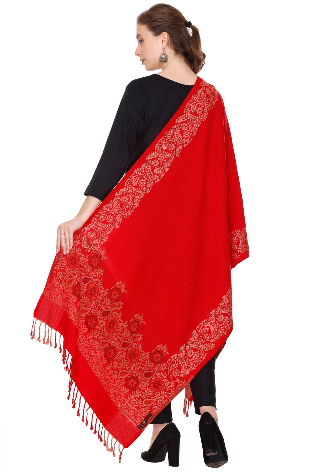 Floral Border Woollen Stole - Red