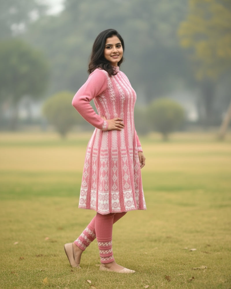 KRITI बुना हुआ ऊनी फ्रॉक कुर्ता सेट | बॉटम वियर के साथ 2-पीस विंटर कुर्ती 