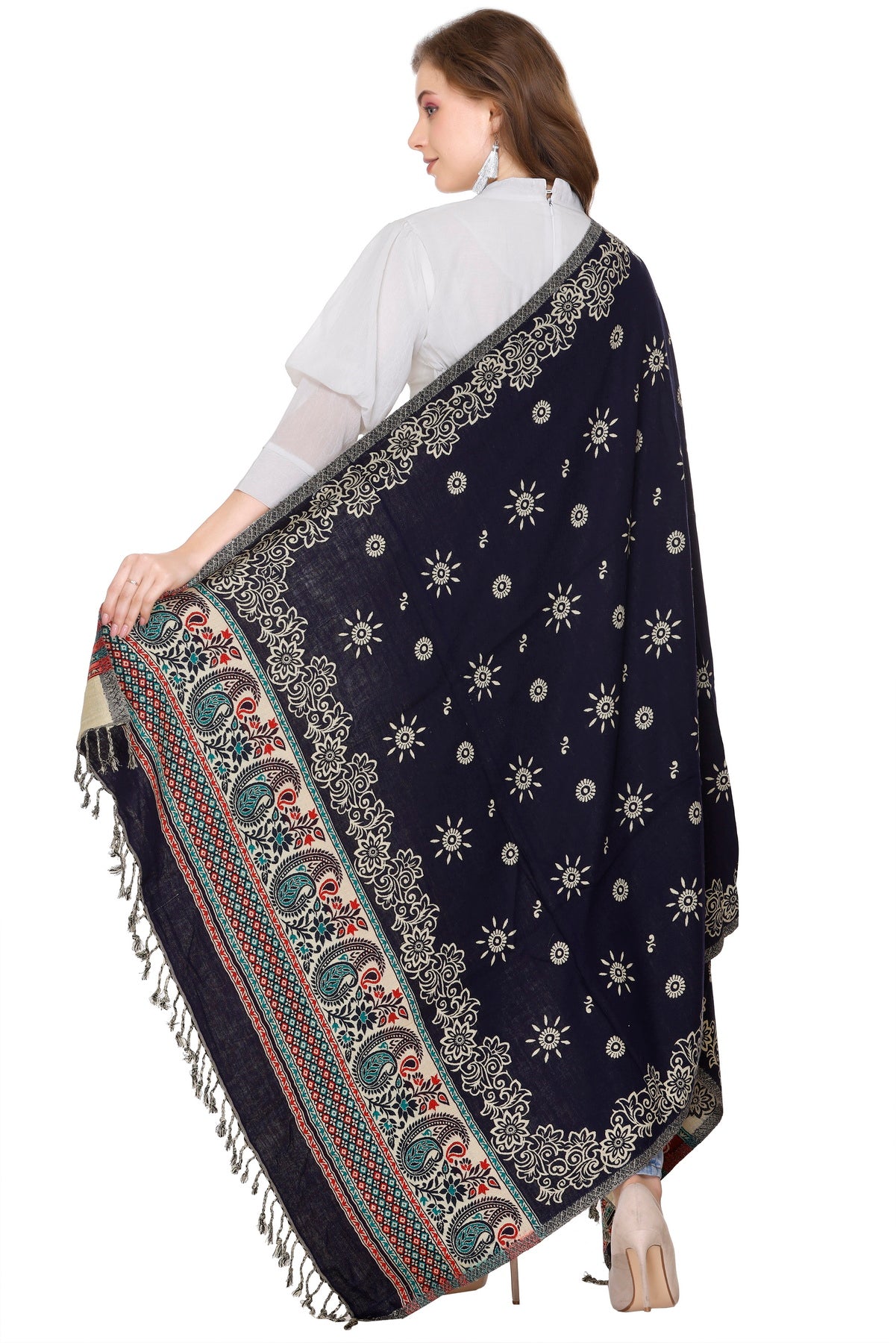 KRITI Navy Blue Wool Blend Shawl For Women.