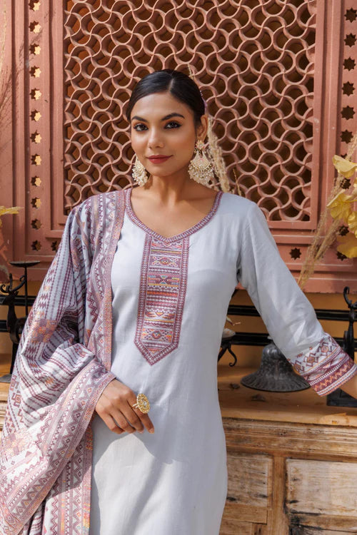 Cotton Silk Pant Suit 3 Pcs- Light Grey