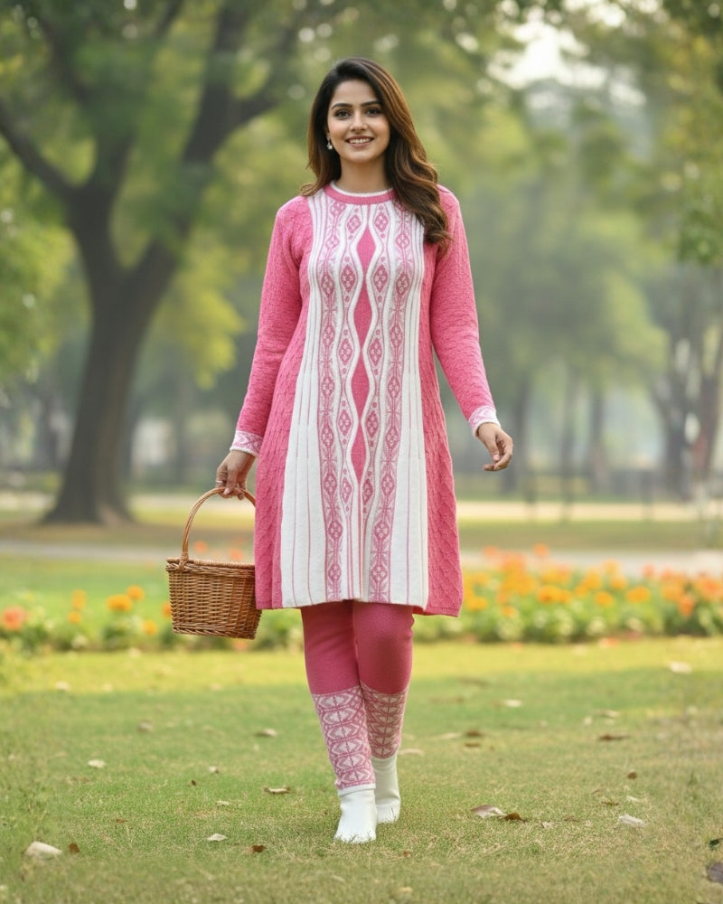 Full Sleeve Knee Length Hair Wool Fabric Pink Color 3 PC Kurti Set For Women