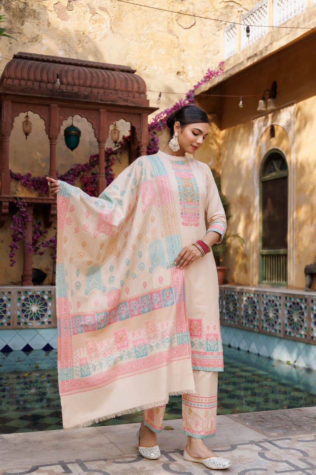 Cotton Silk Collar Pant Suit 3 Pcs- Light Peach