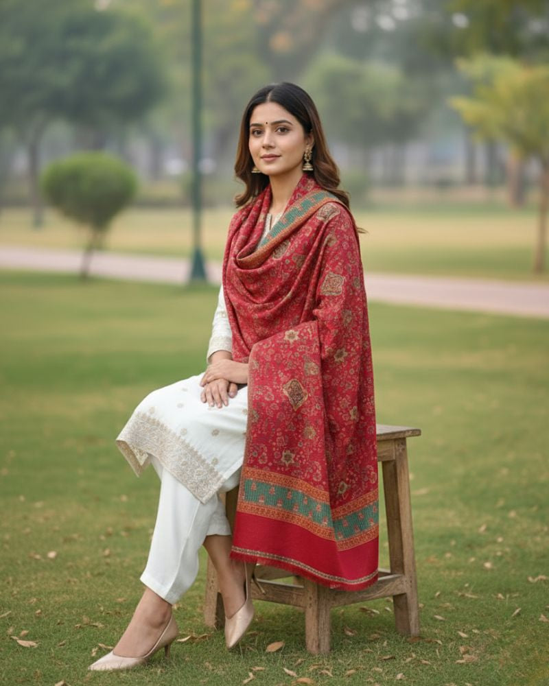 KRITI Floral Design Warm Woolen Maroon Color Shawl for Women