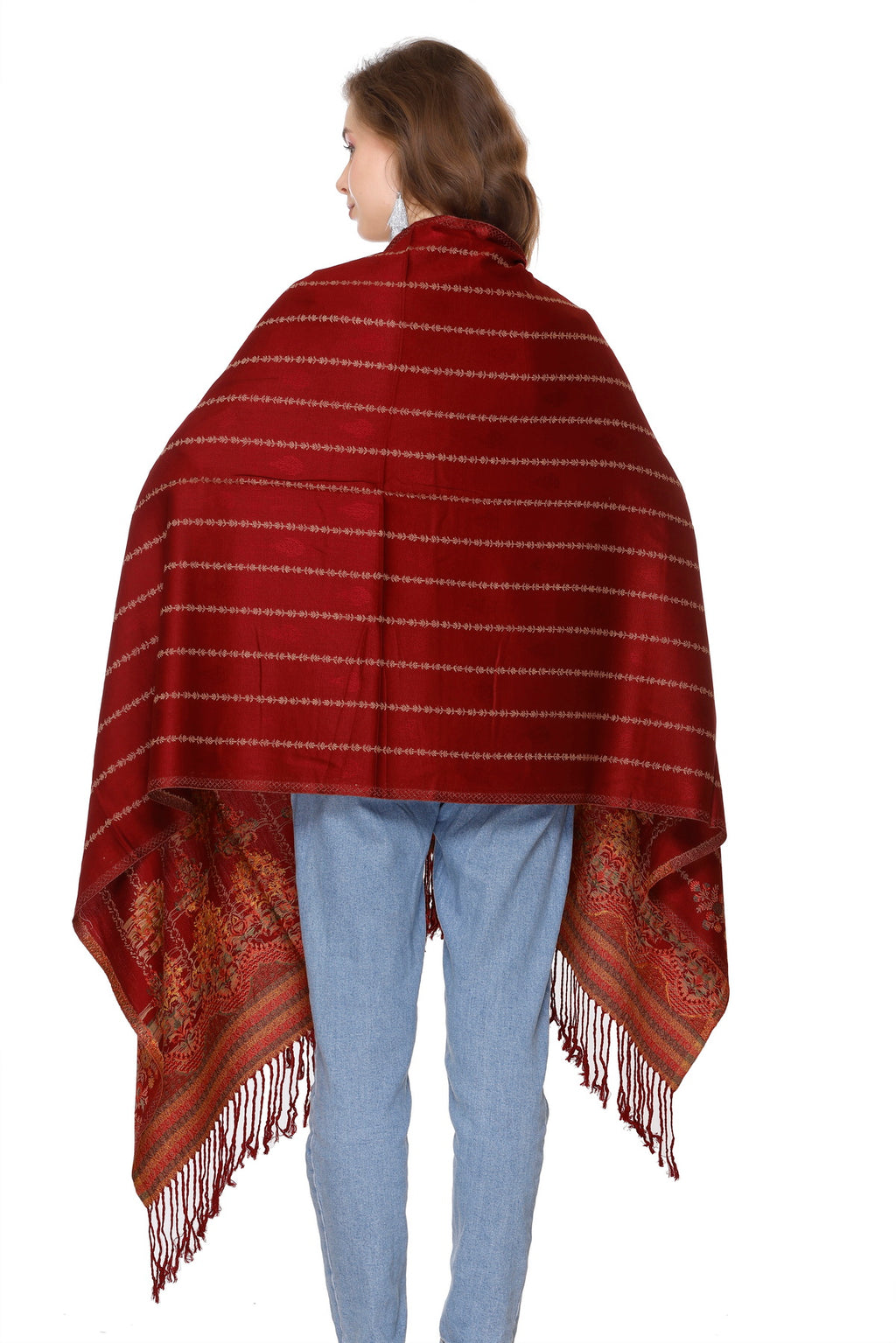 Floral Design Woollen Winter Stole - Maroon