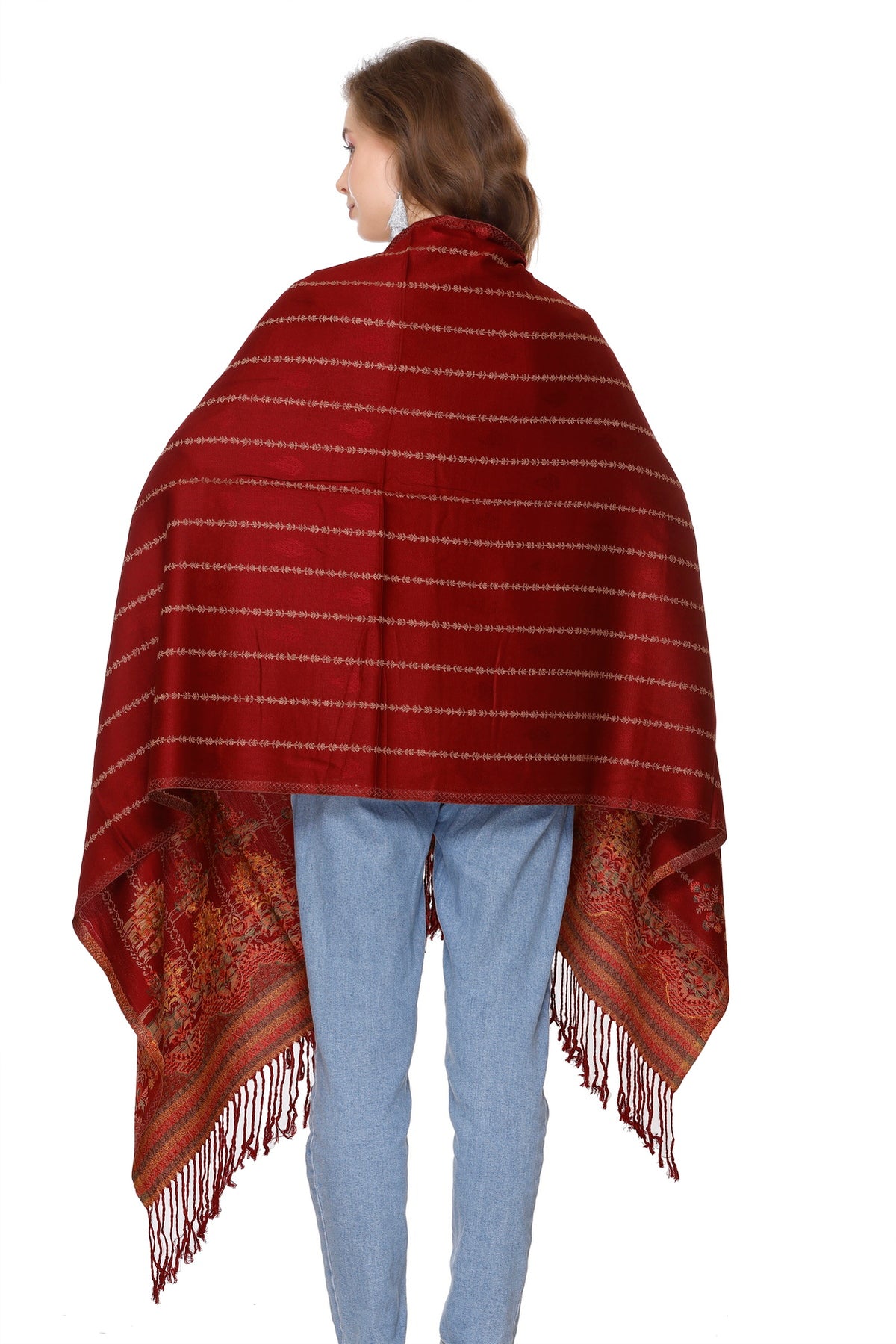 Floral Design Woollen Winter Stole - Maroon