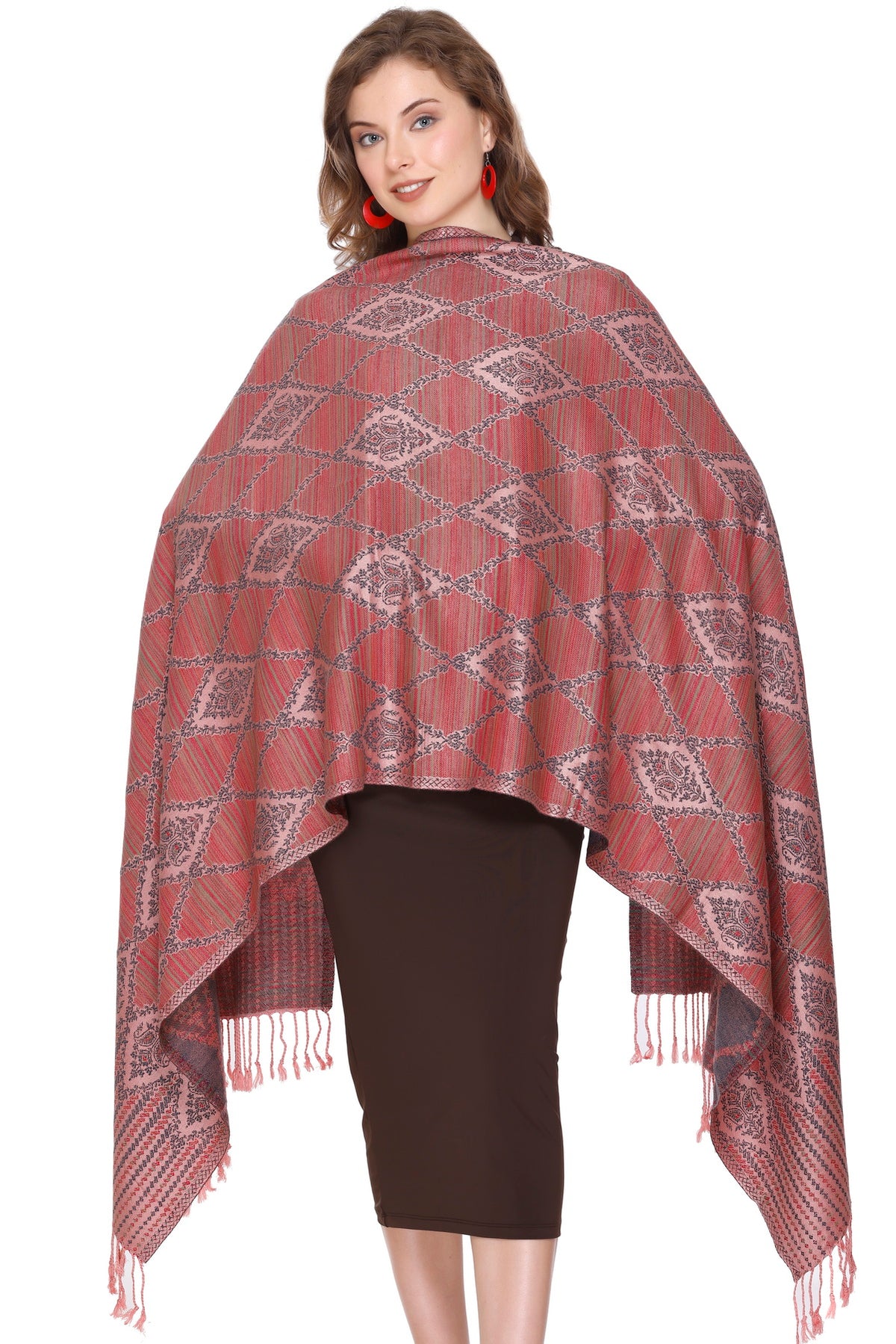 Diamond Design Woollen Stole - Peach