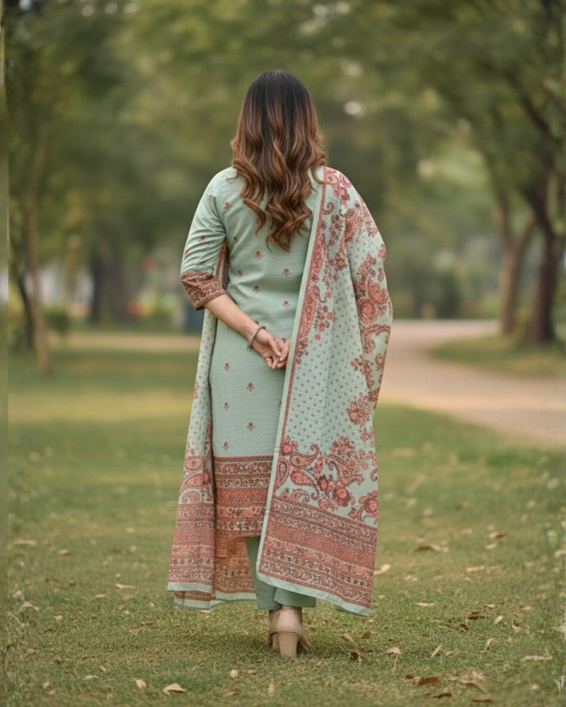 KRITI ऊनी डिजिटल प्रिंट सिले सूट पिस्ता रंग महिलाओं के लिए सर्दियों के लिए