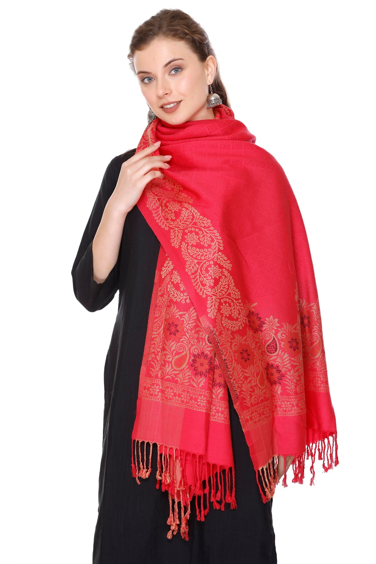 Floral Border Woollen Color Stole - Carrot