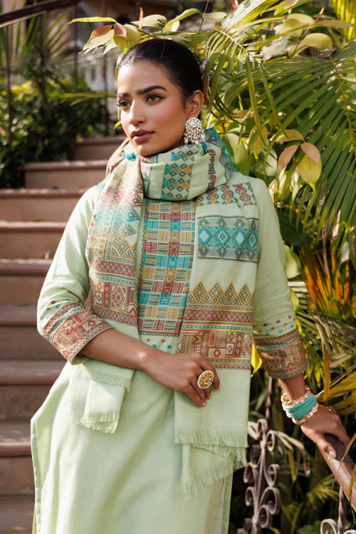 Cotton Silk Collar Pant Suit 3 Pcs- Light Green