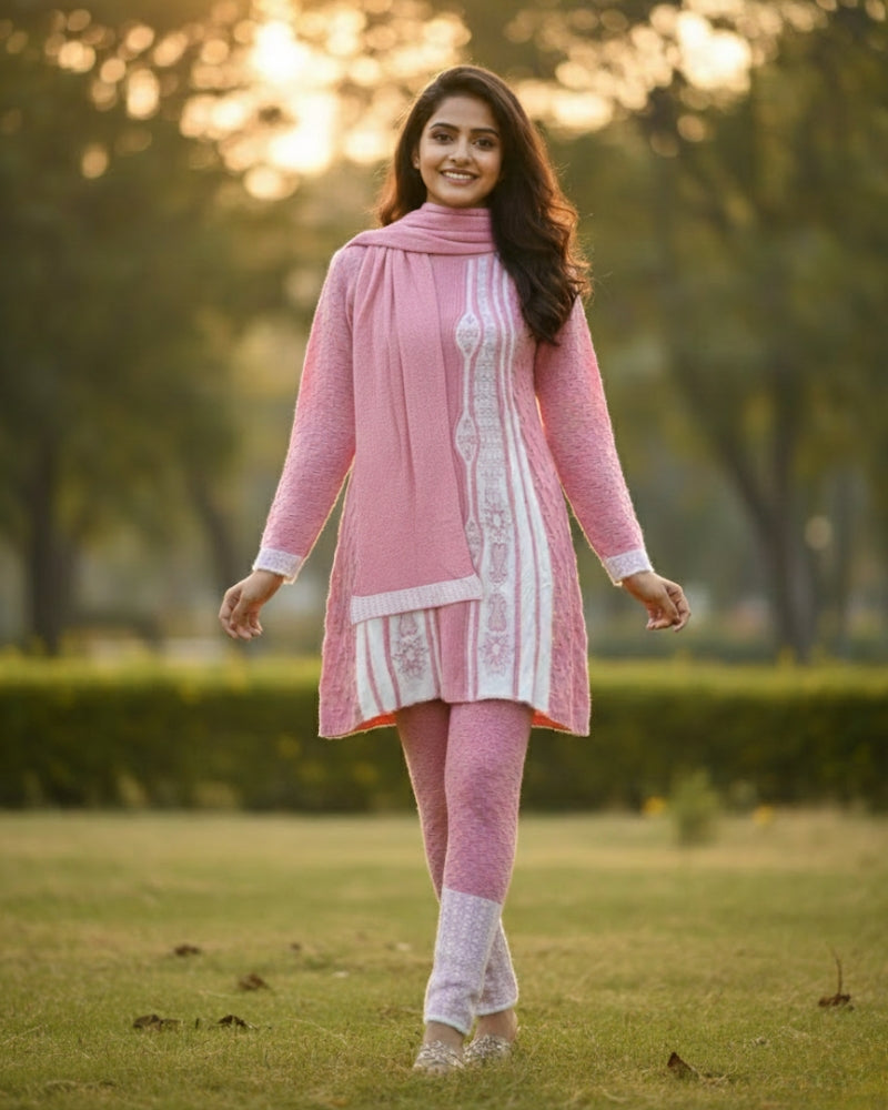 Full Sleeve Knee Length Woolen Fabric Peach Color 3 PC Kurti Set For Women