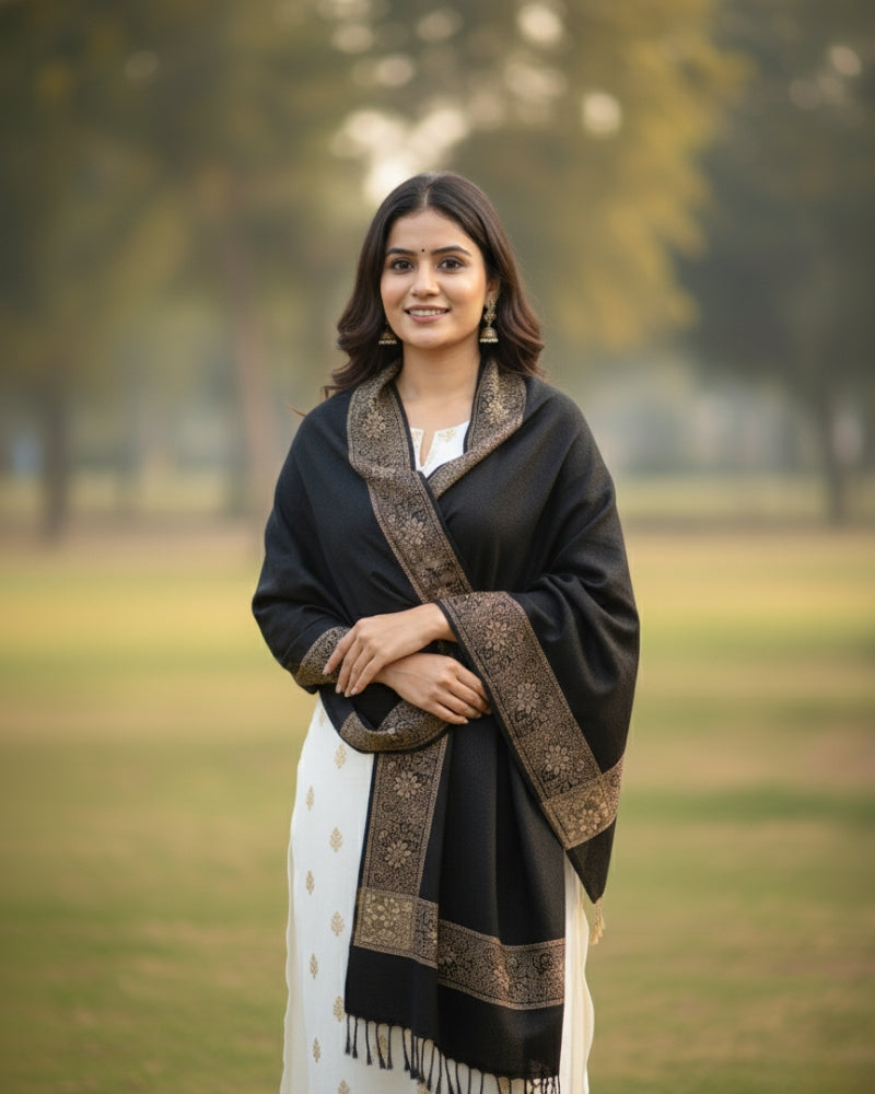 KRITI Border Design Warm Woolen Black Color Shawl for Women