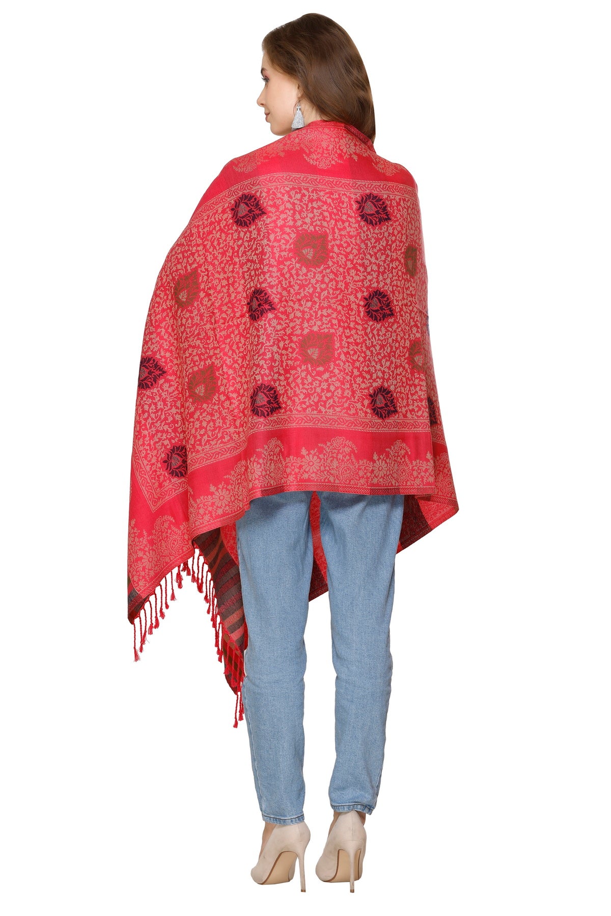 Floral Designer Woolen Stole- Red
