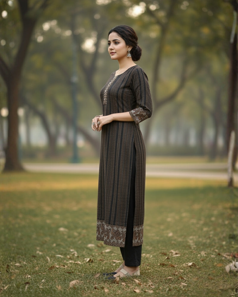 KRITI Winter Woolen Digital Print Stitched Suit Black Color For Women