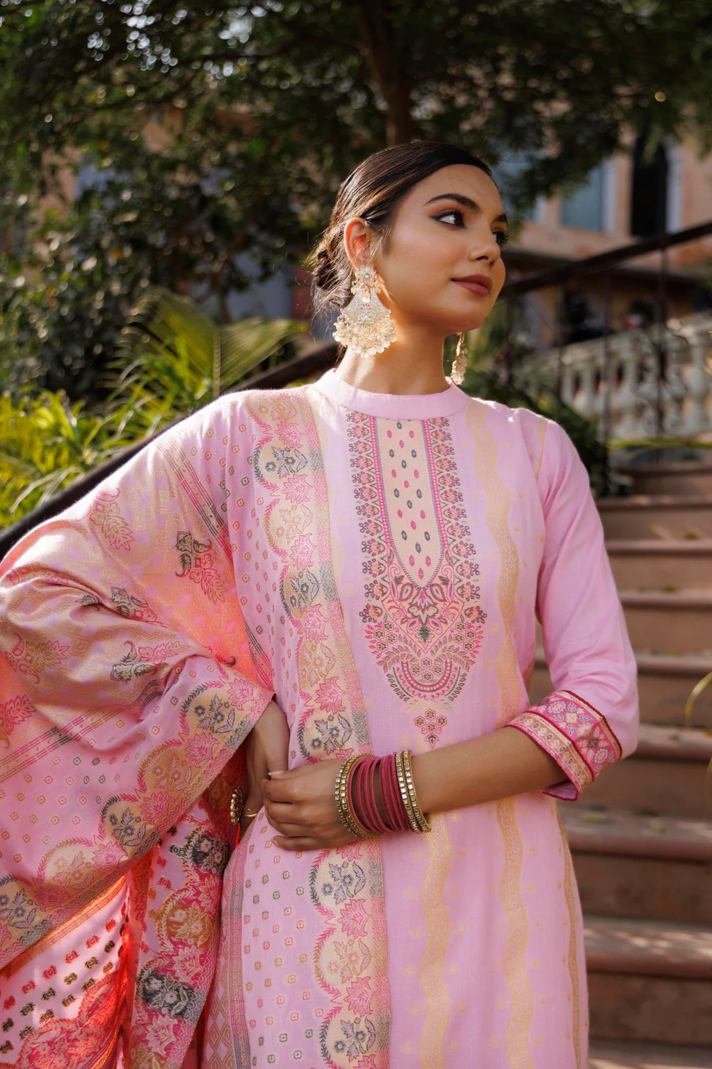 Cotton Silk Collar Pant Suit 3 Pcs- Pink