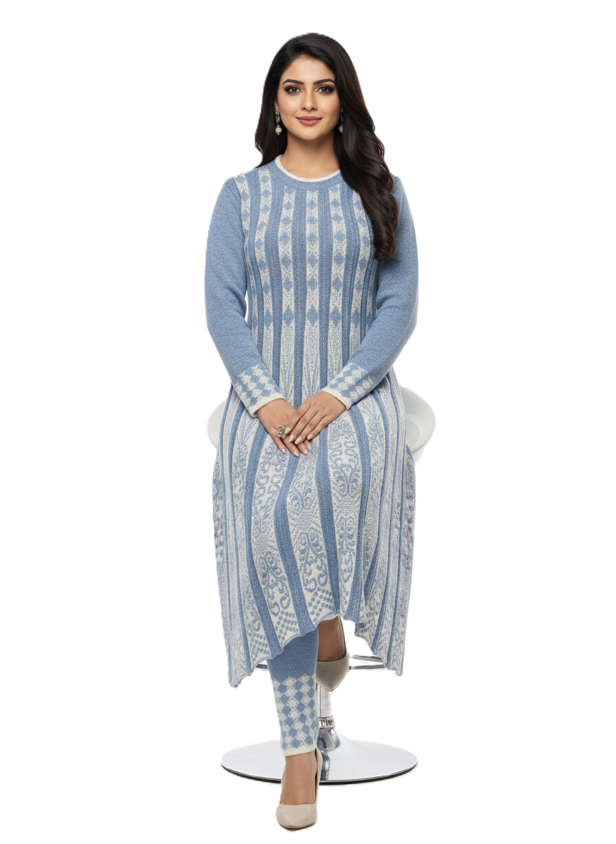 Premium Hair Wool 2 PC Kurti Set - Sky Blue