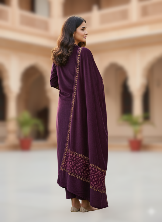 KRITI Winter Velvet 3 Piece Kurti Set Purple Color For Women