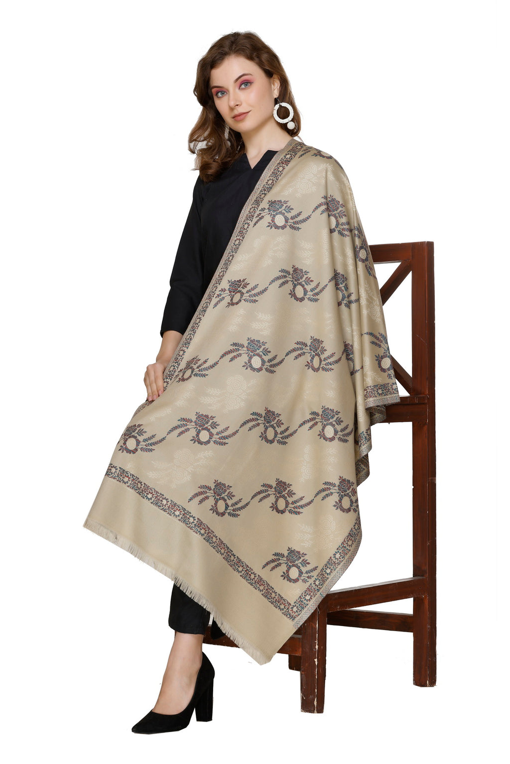 Floral Pattern Woollen Stole - Camel
