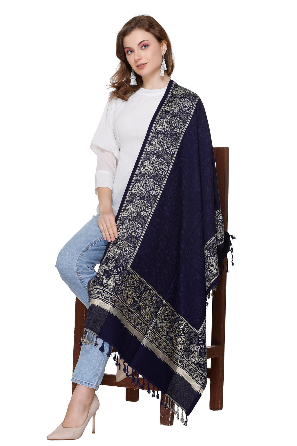 Navy Blue Designer Jacquard Border Stole