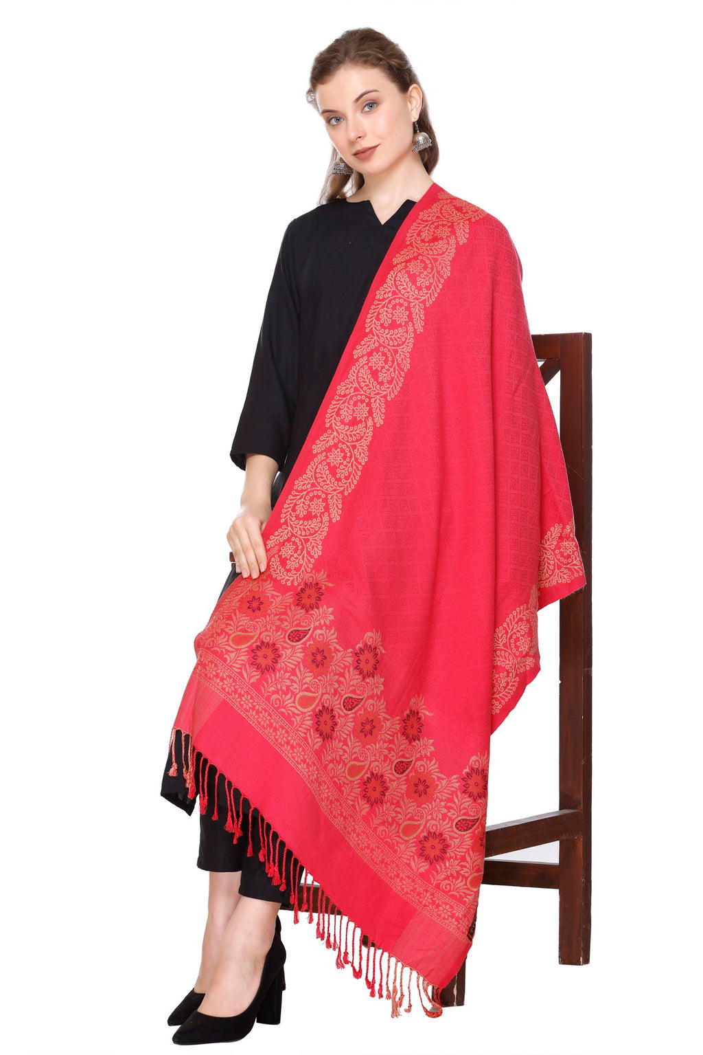 Floral Border Woollen Color Stole - Carrot
