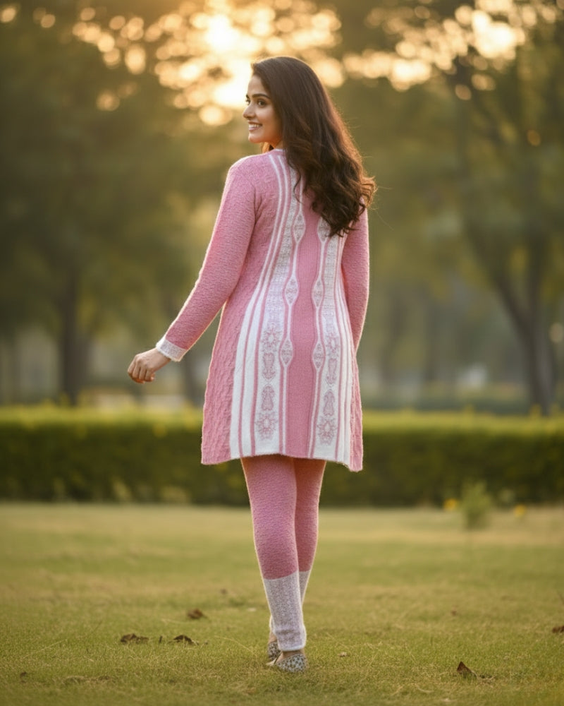 Full Sleeve Knee Length Woolen Fabric Peach Color 3 PC Kurti Set For Women