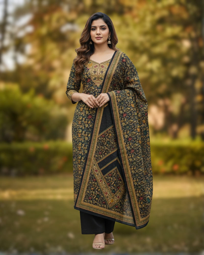 KRITI Winter Woolen Unstitched Suit Black And Mustard Color For Women
