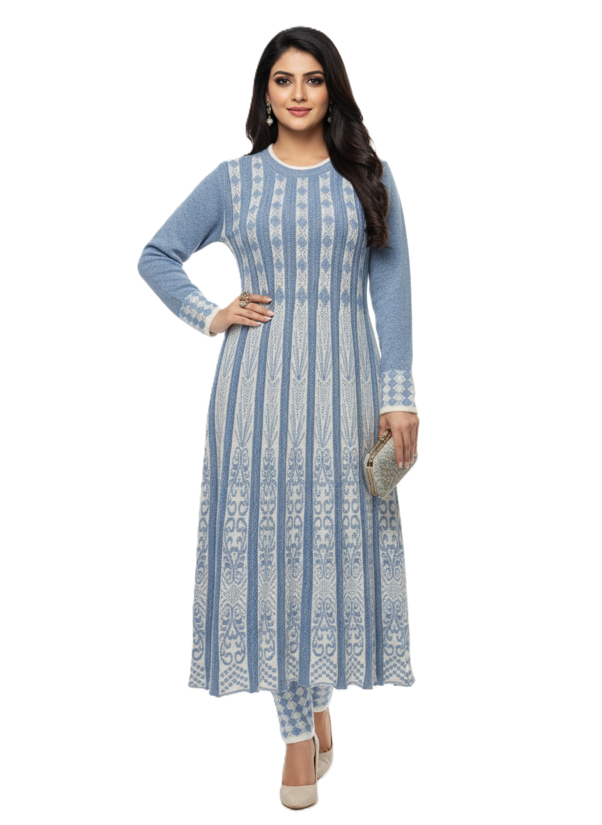 Premium Hair Wool 2 PC Kurti Set - Sky Blue