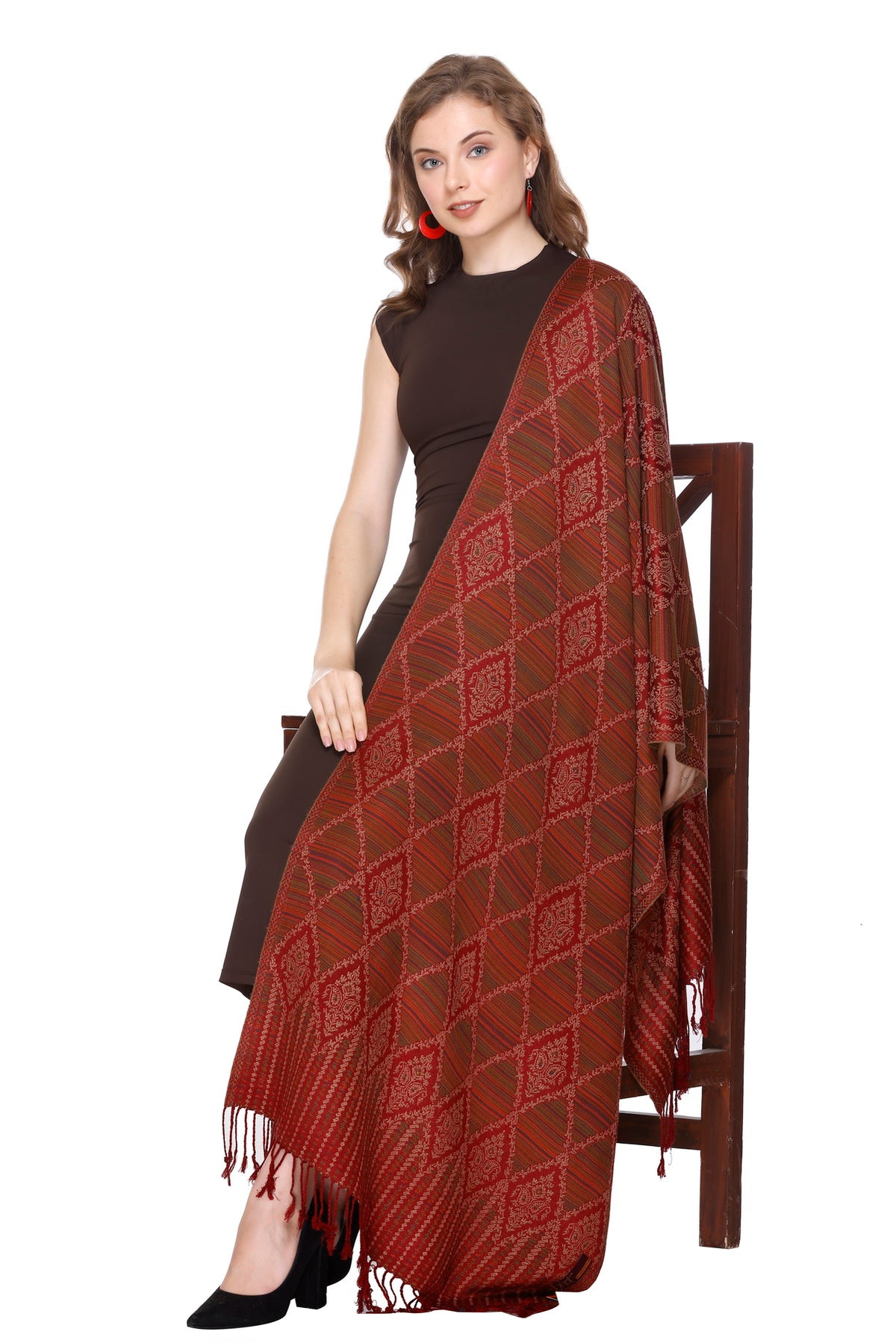 Diamond Pattern Woollen Stole - Maroon