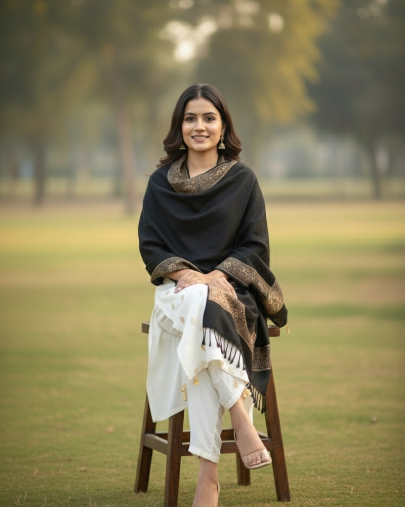 Designer Border Warm Woolen Black Color Shawl
