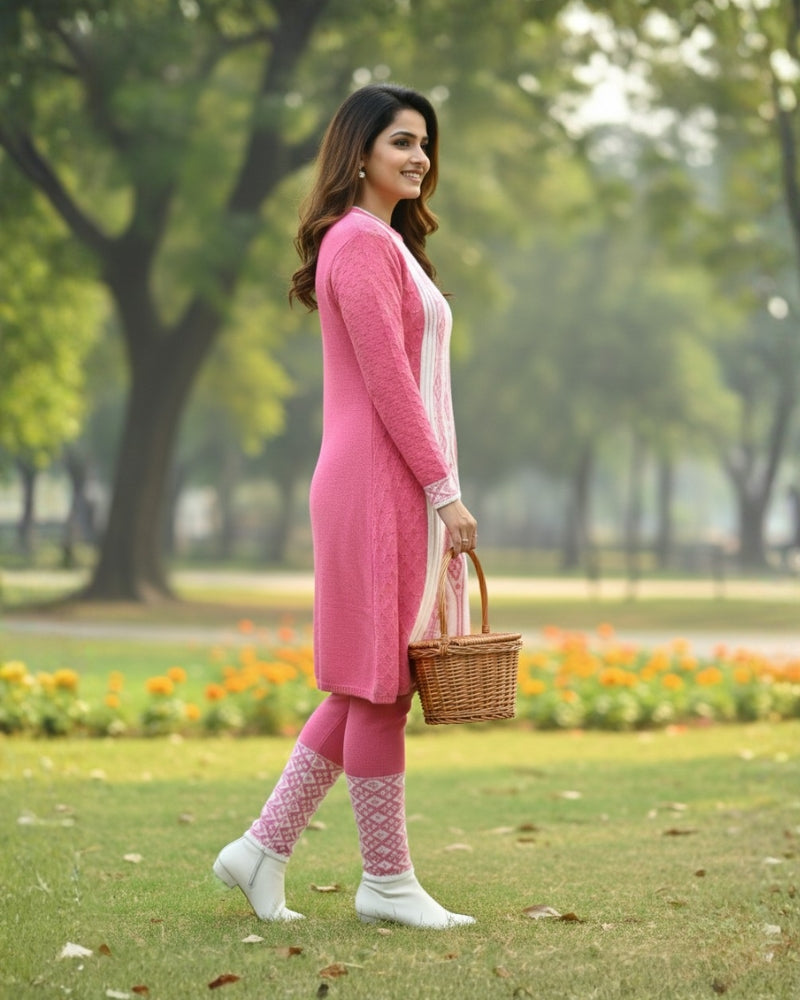 Full Sleeve Knee Length Hair Wool Fabric Pink Color 3 PC Kurti Set For Women