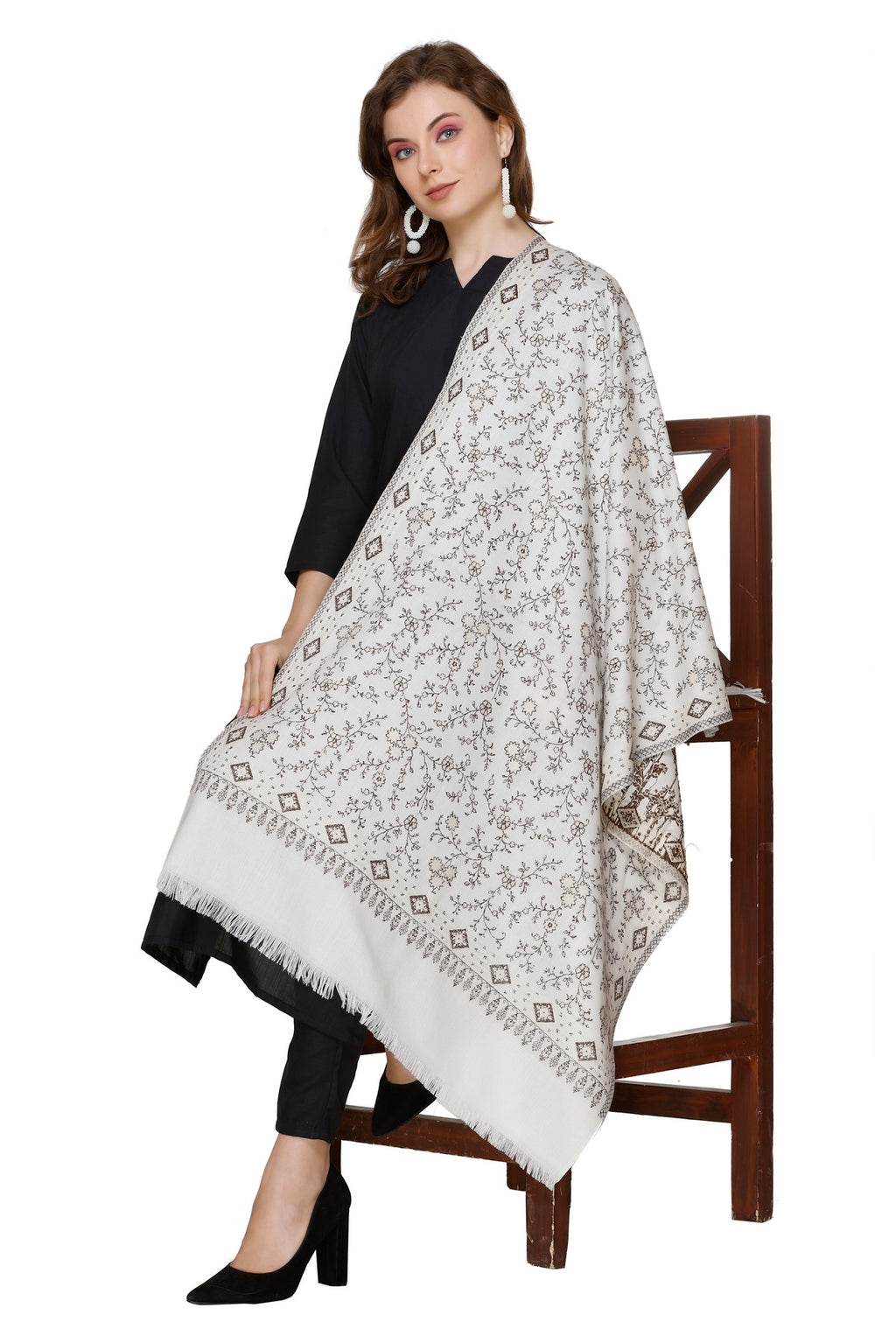 Floral Pattern Woollen Winter Stole - White