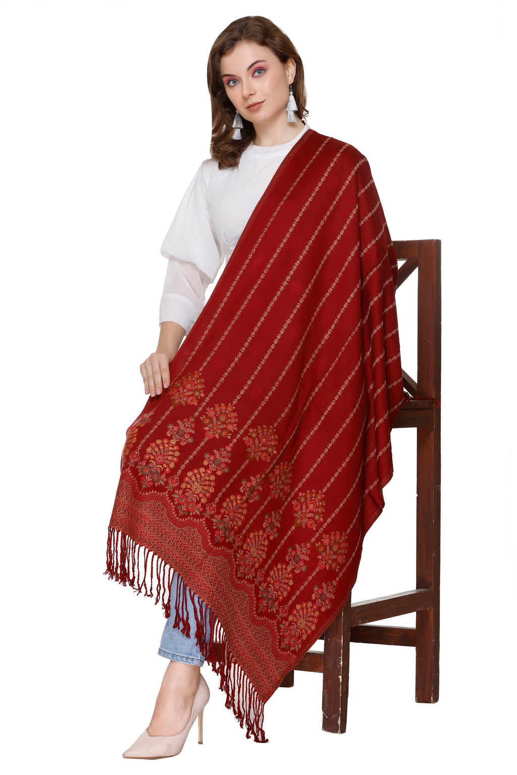 Floral Design Woollen Winter Stole - Maroon