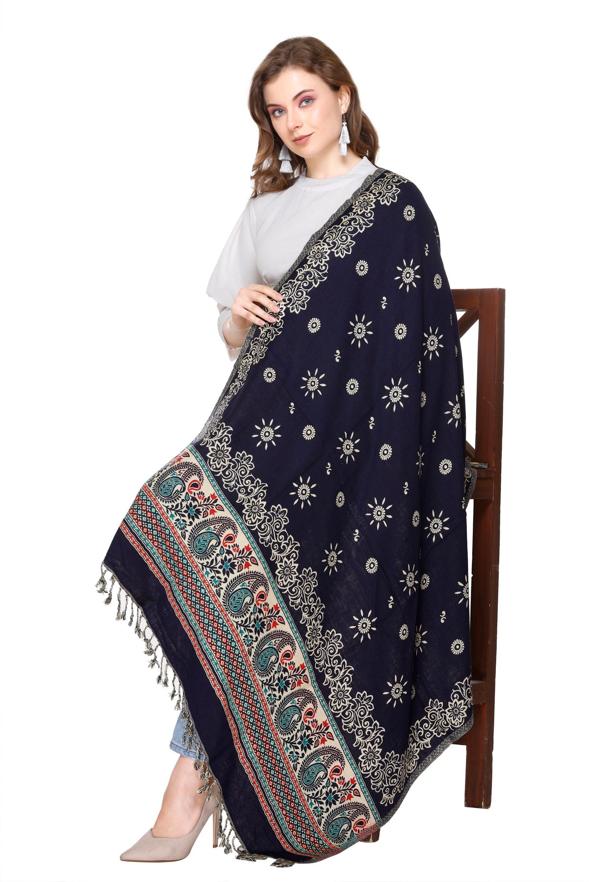 KRITI Navy Blue Wool Blend Shawl For Women.